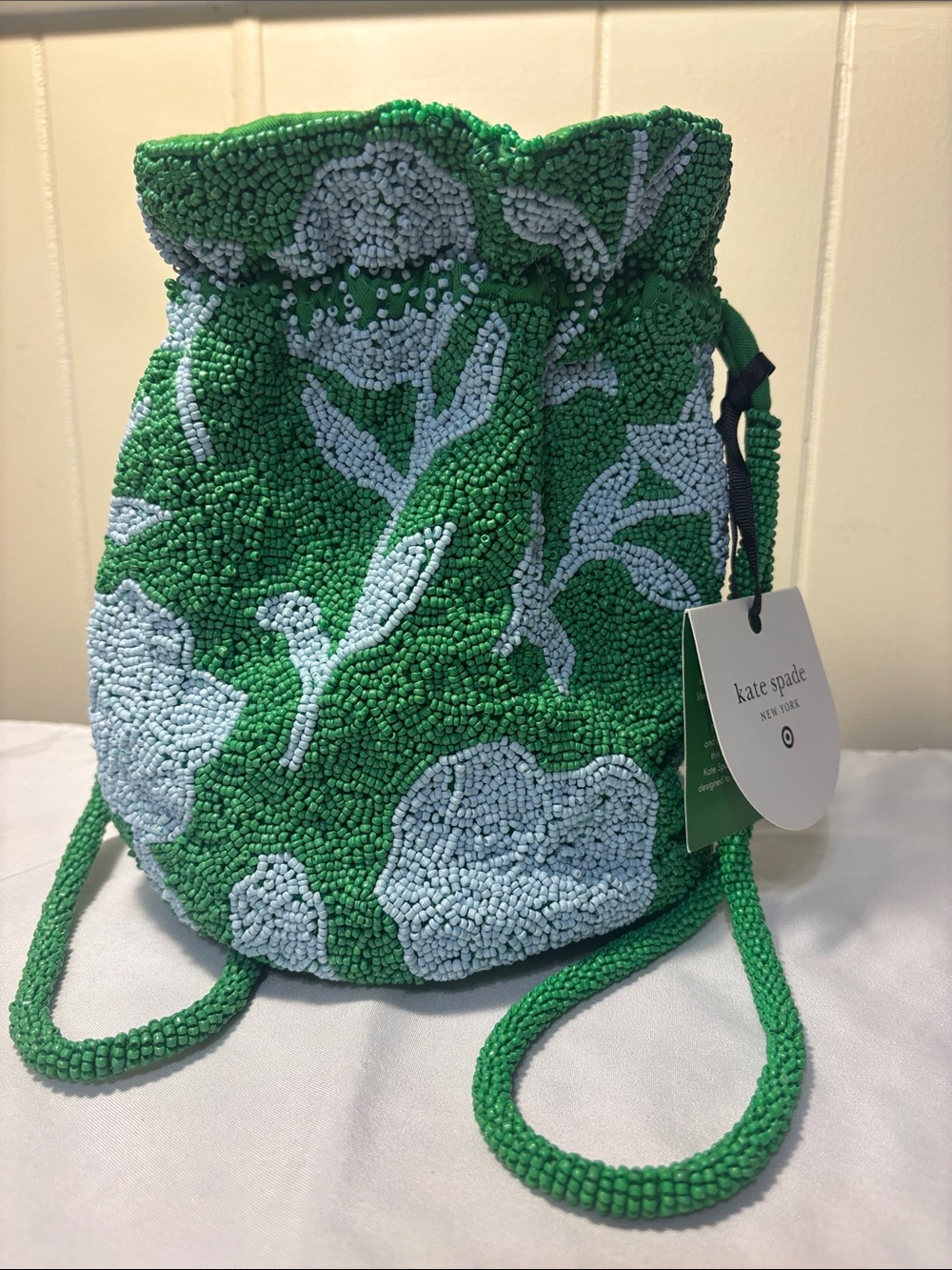 NWT Kate Spade x Target Beaded Classic Rose Drawstring Bucket Bag - Green/Blue